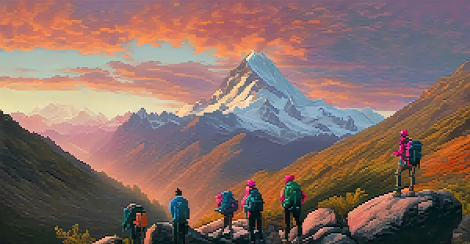 A group of hikers standing on a rocky outcrop, admiring the sunrise over the Andes mountains, surrounded by lush greenery.