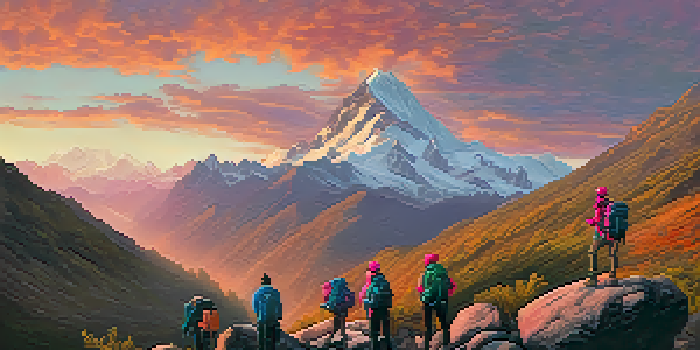 A group of hikers standing on a rocky outcrop, admiring the sunrise over the Andes mountains, surrounded by lush greenery.