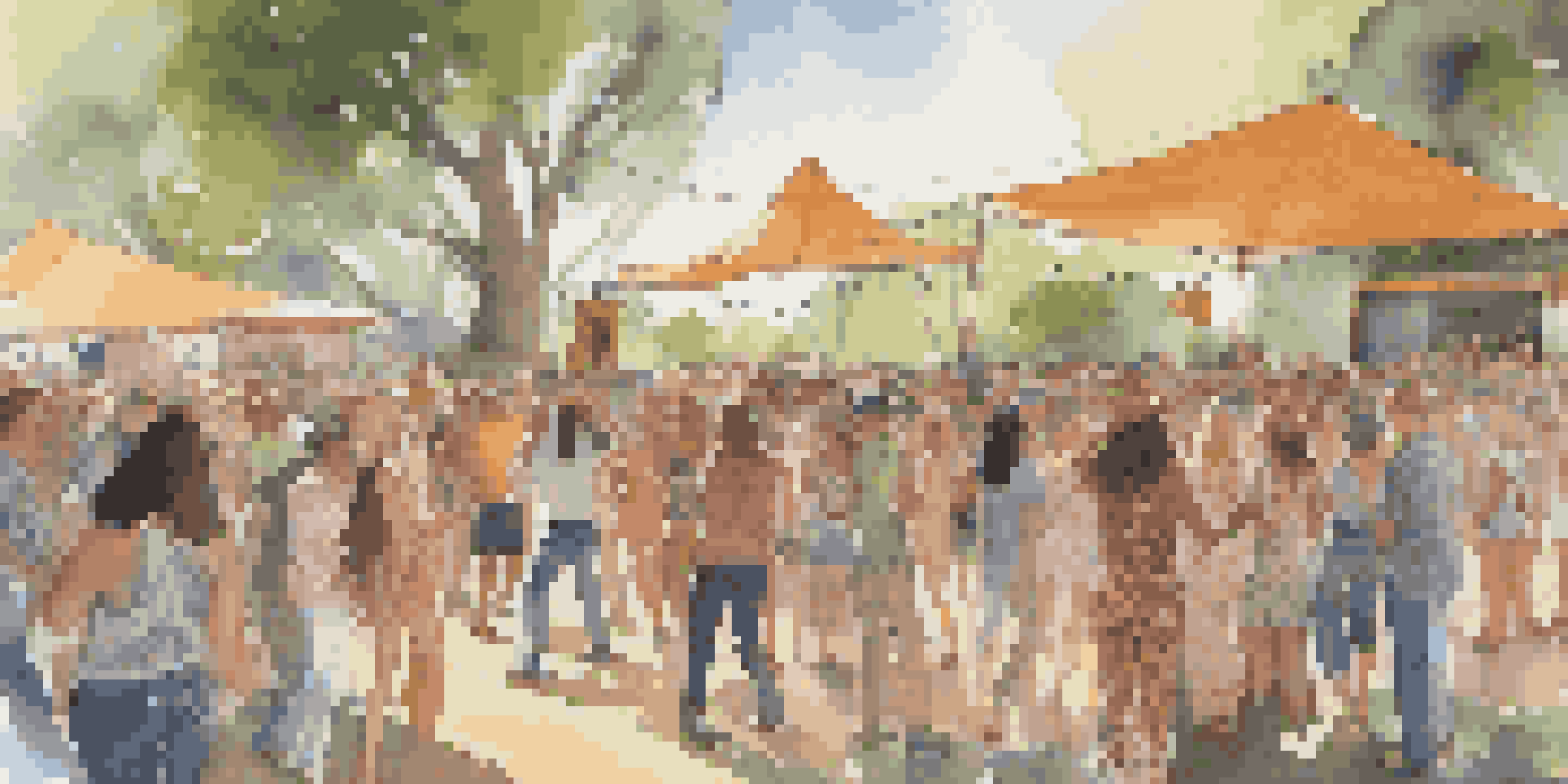 A lively outdoor music festival with diverse attendees in colorful outfits, enjoying a band performance under the sun.