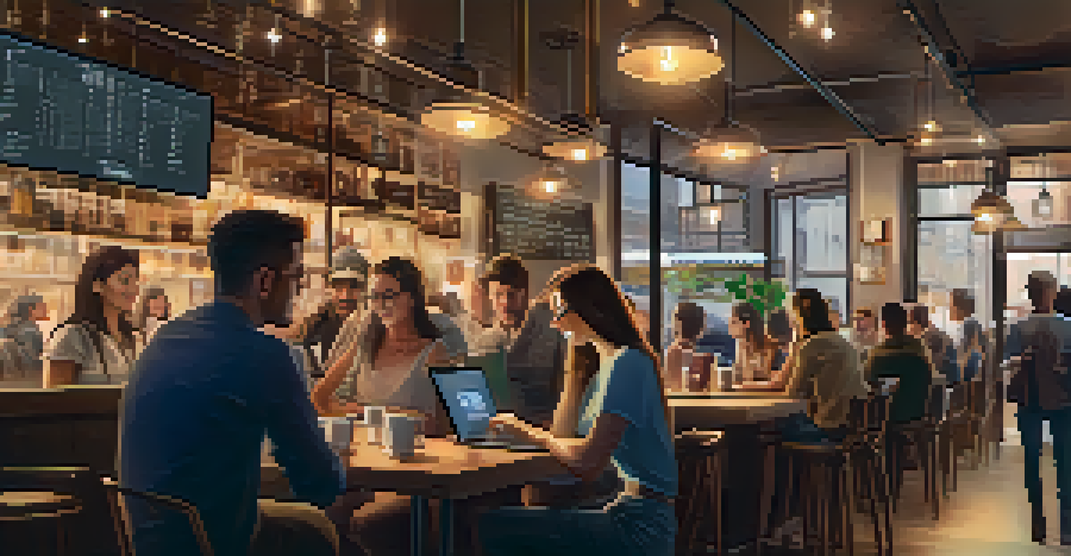 A professional on a video call in a café, with customers in the background and warm lighting.