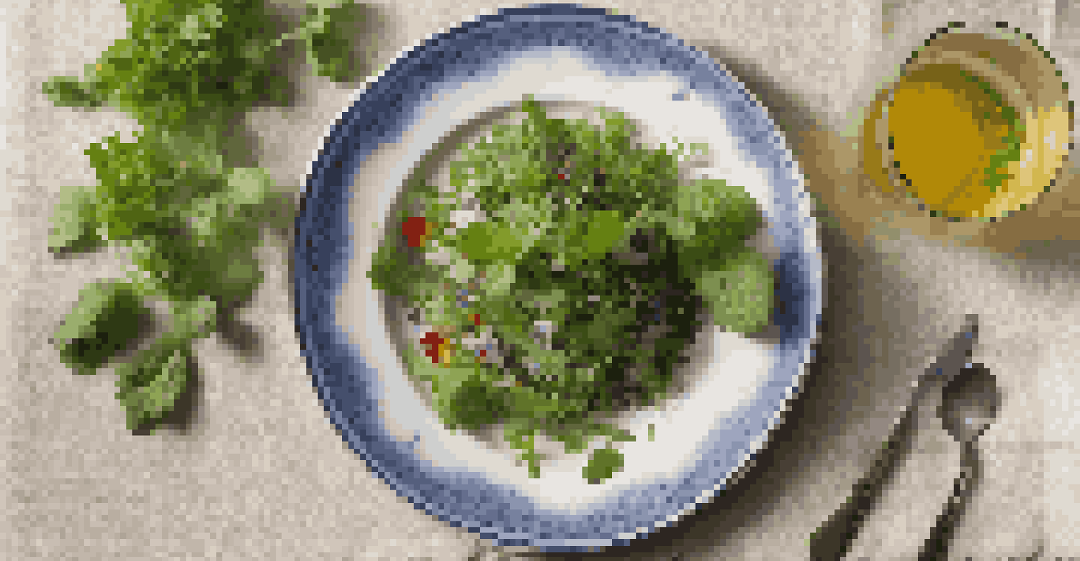 An overhead view of a colorful herb salad on a ceramic plate with a glass of mint-infused lemonade in the background.