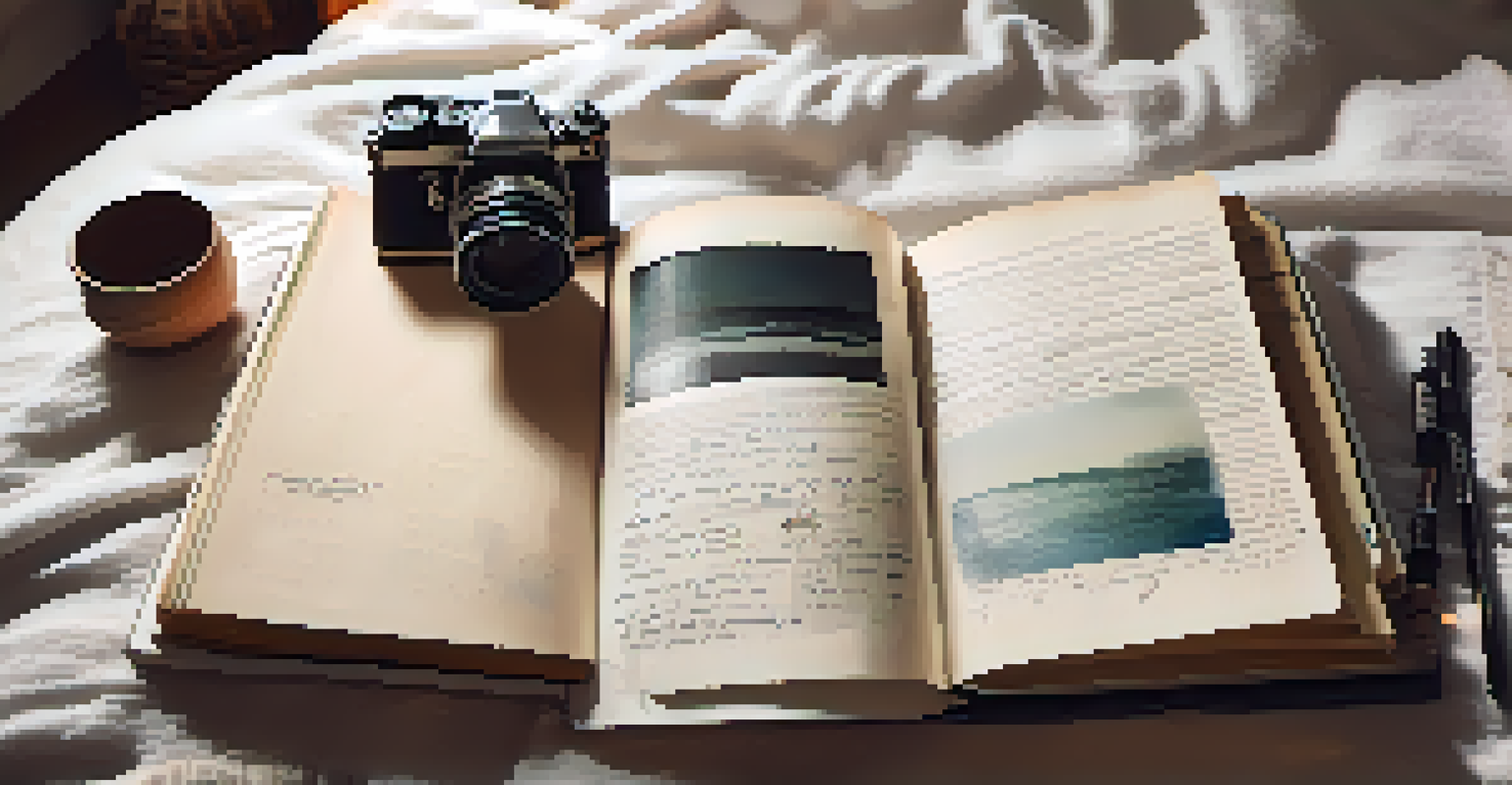 An open travel journal with handwritten notes and sketches, accompanied by a vintage camera and sunglasses on a cozy bed, illuminated by soft lighting.