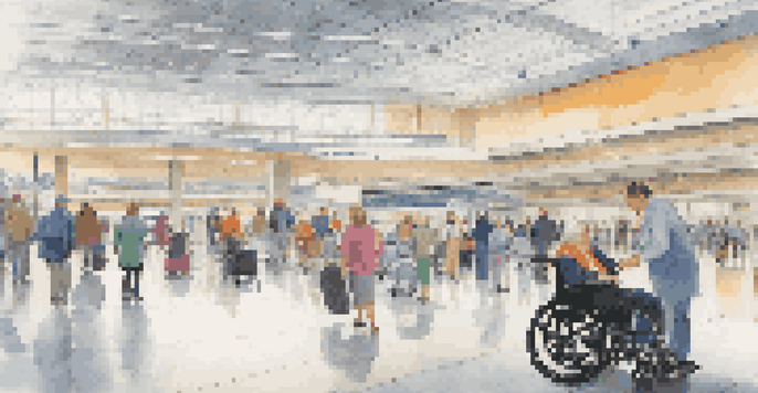 An airport terminal with travelers and visible accessibility features. A person in a wheelchair is assisted by a staff member, with accessible restrooms and waiting areas in the background.