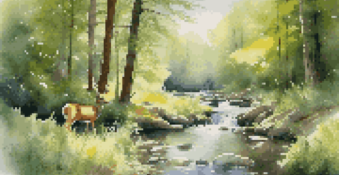 A tranquil forest scene with a deer by a stream and colorful wildflowers, illuminated by sunlight.