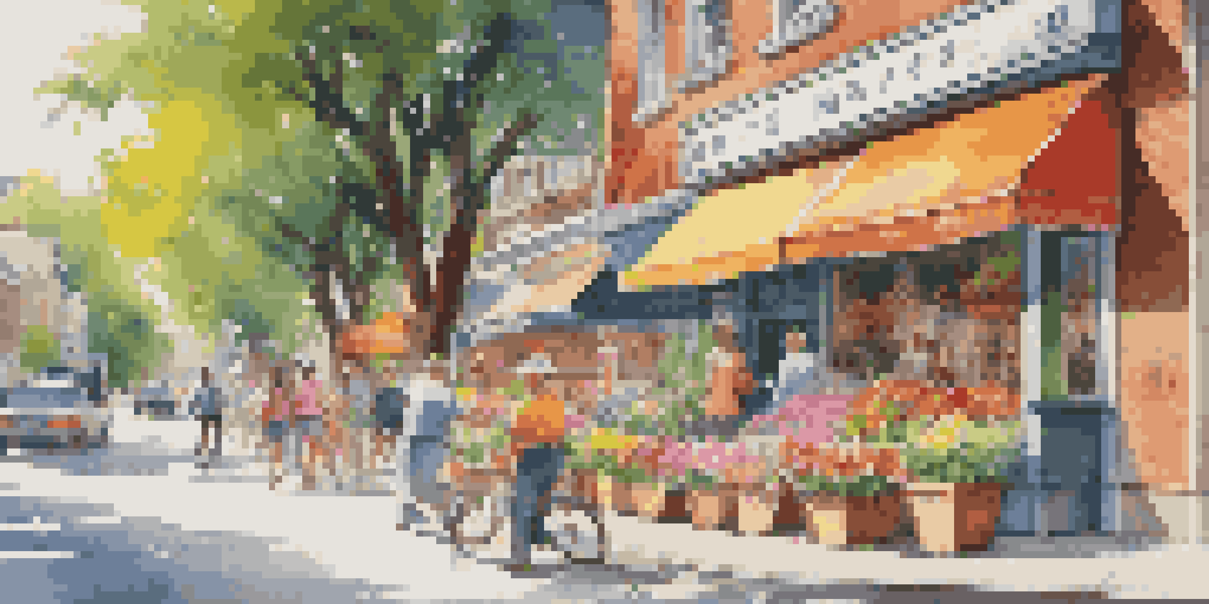 A lively city street with a tourism office featuring colorful flowers and people walking, illuminated by sunlight.