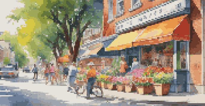 A lively city street with a tourism office featuring colorful flowers and people walking, illuminated by sunlight.