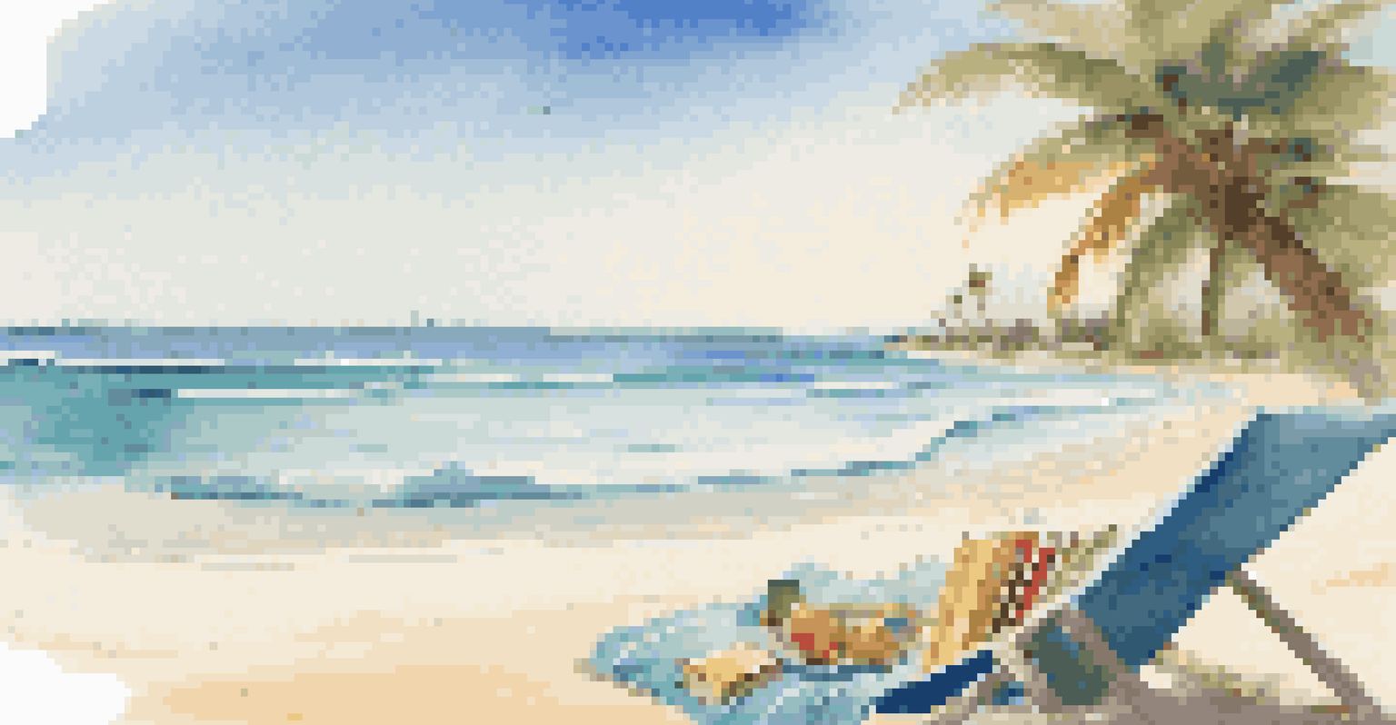 A tranquil beach scene with golden sands, turquoise waves, and palm trees under a sunny sky.