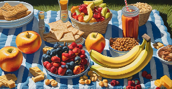 A variety of colorful snacks displayed on a picnic blanket, including fruits, cheese sticks, and chocolate-covered pretzels, under soft natural light.