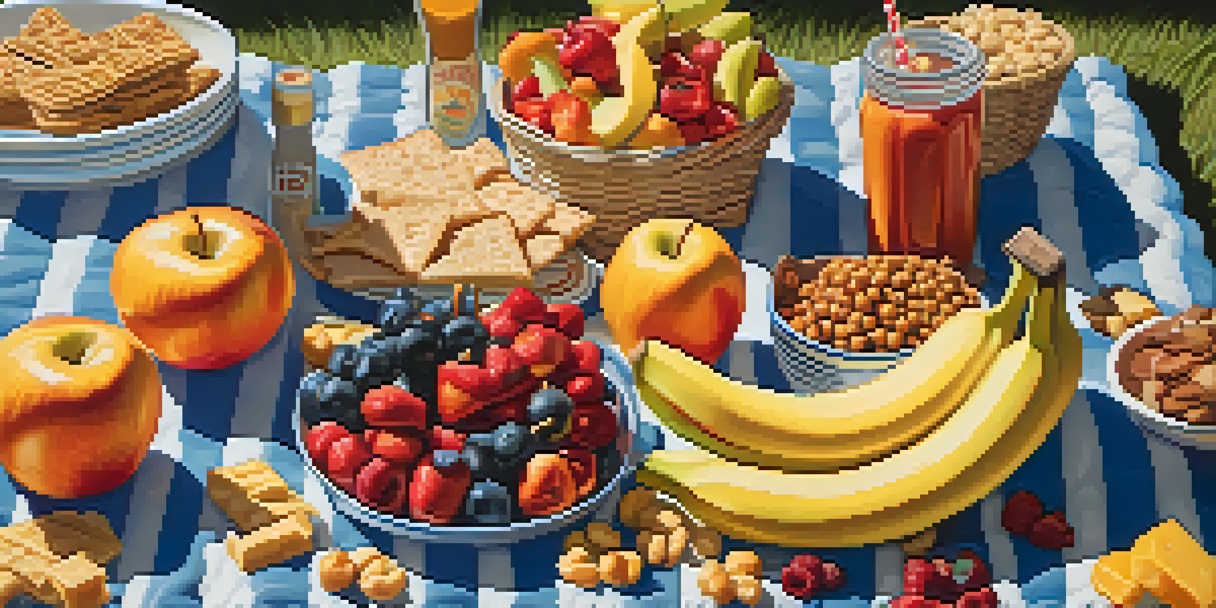 A variety of colorful snacks displayed on a picnic blanket, including fruits, cheese sticks, and chocolate-covered pretzels, under soft natural light.