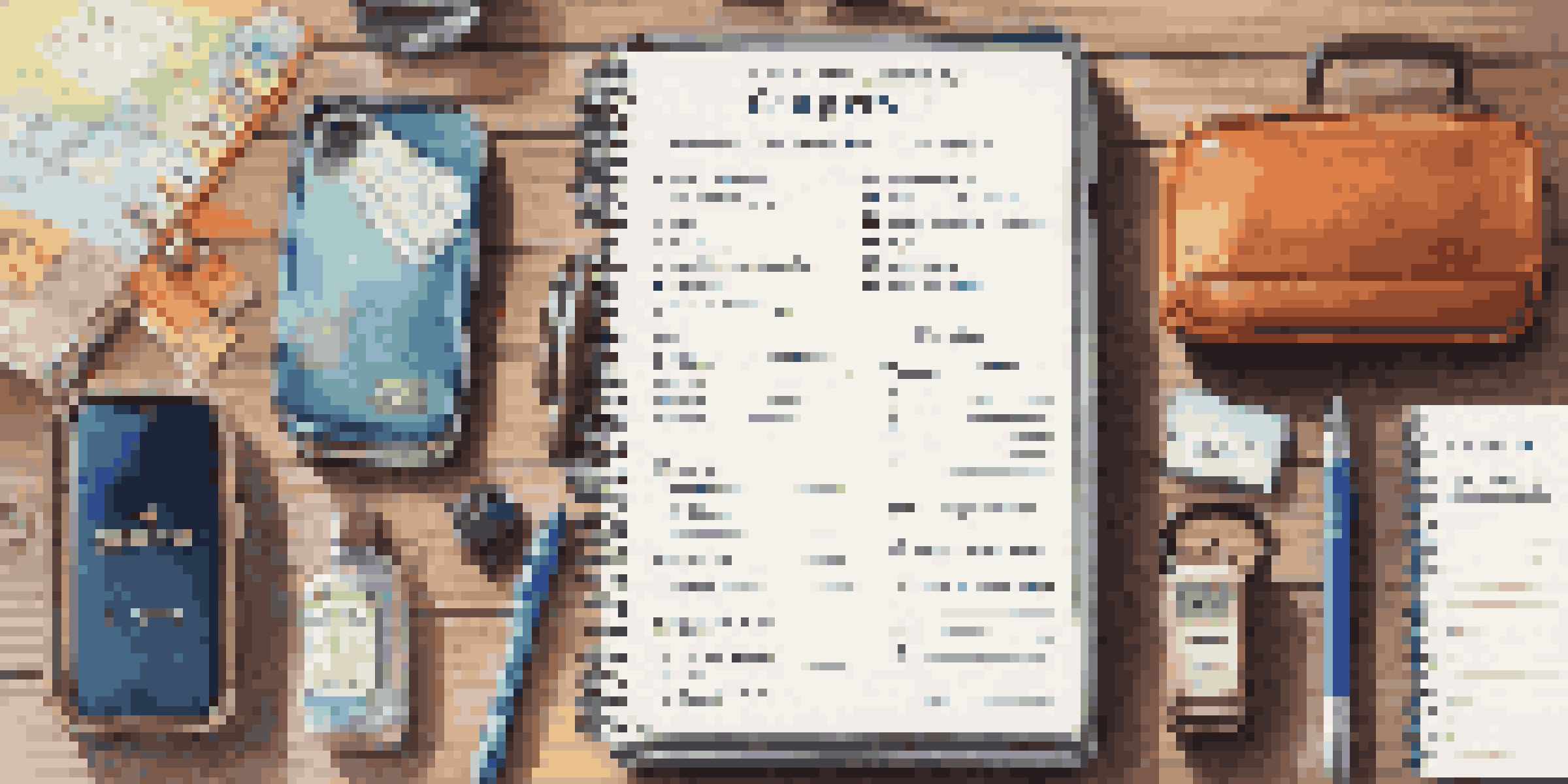 A travel packing checklist surrounded by a passport, smartphone, and a suitcase on a wooden table, with colorful pens and soft sunlight creating a warm atmosphere.