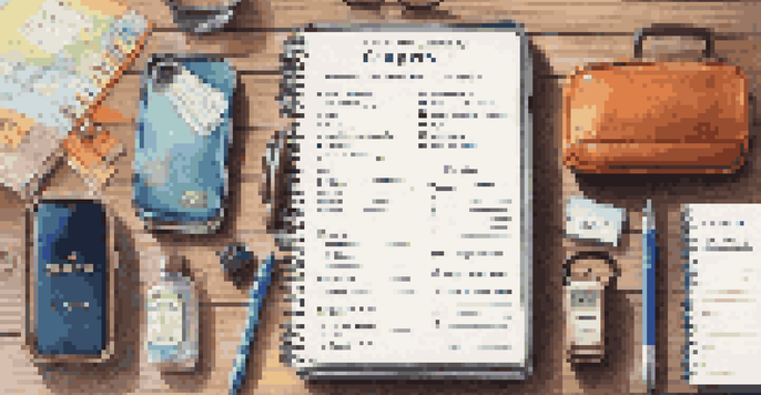 A travel packing checklist surrounded by a passport, smartphone, and a suitcase on a wooden table, with colorful pens and soft sunlight creating a warm atmosphere.