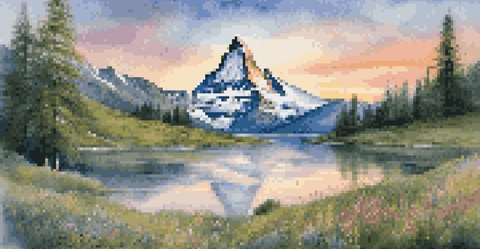 A stunning sunrise over the Matterhorn mountain with a lake reflecting its peak and colorful wildflowers in the foreground.