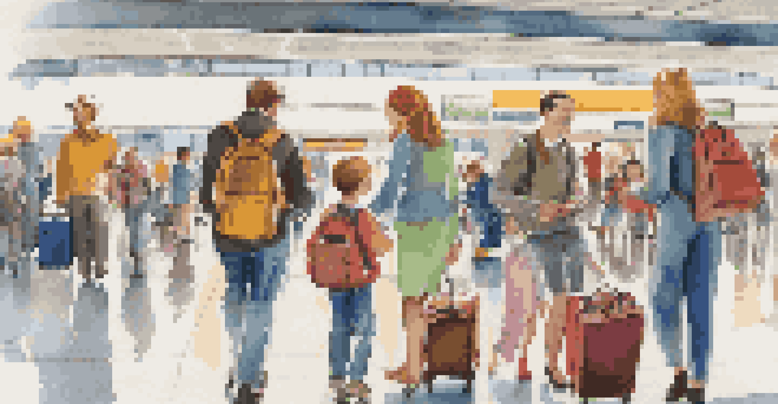 A family at an airport, with children holding backpacks and parents checking tickets, amidst the bright and busy atmosphere of a travel terminal.