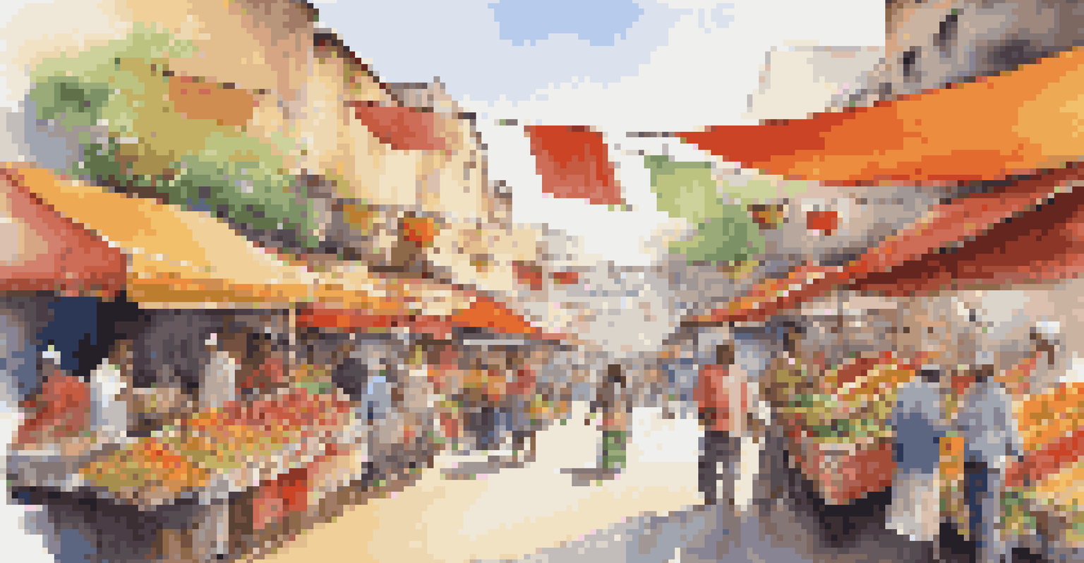 A lively street market with accessible stalls, featuring diverse people and colorful canopies, creating a festive atmosphere.