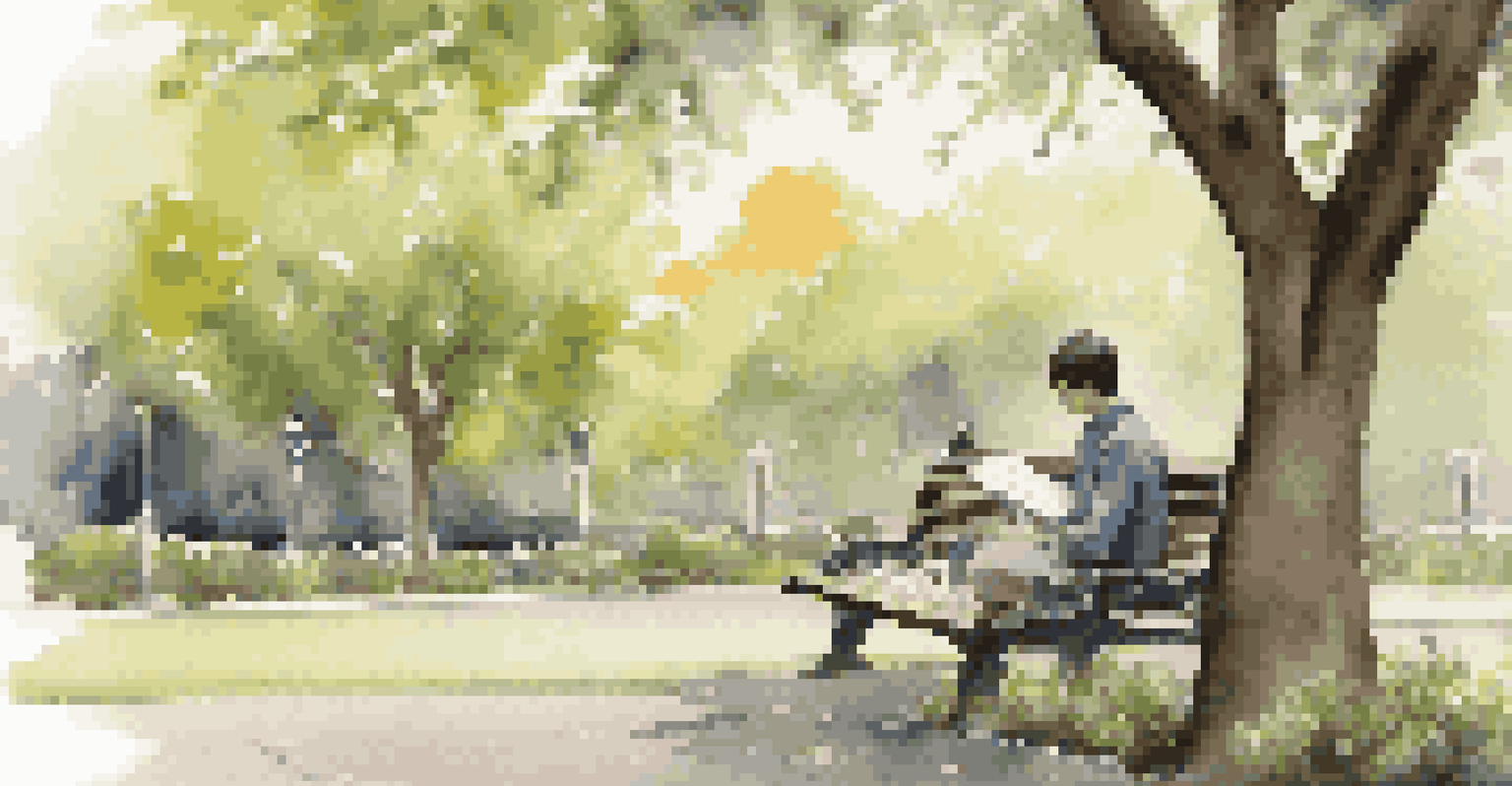 A thoughtful young student writing in a journal on a park bench surrounded by blooming flowers and trees, reflecting on their experiences.