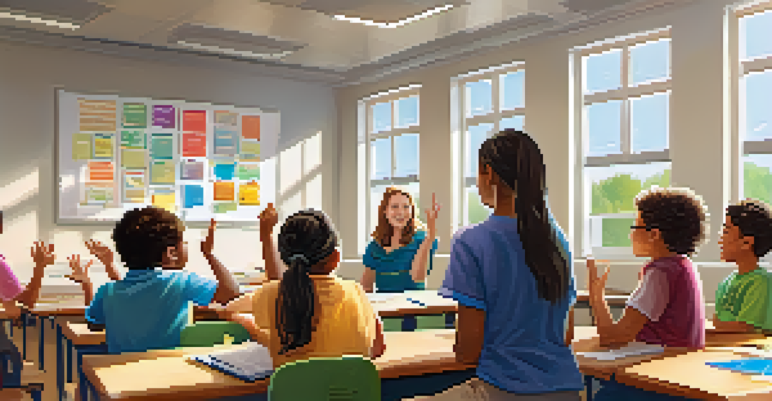 A diverse classroom with a teacher and students engaged in a discussion, illuminated by natural light from large windows.