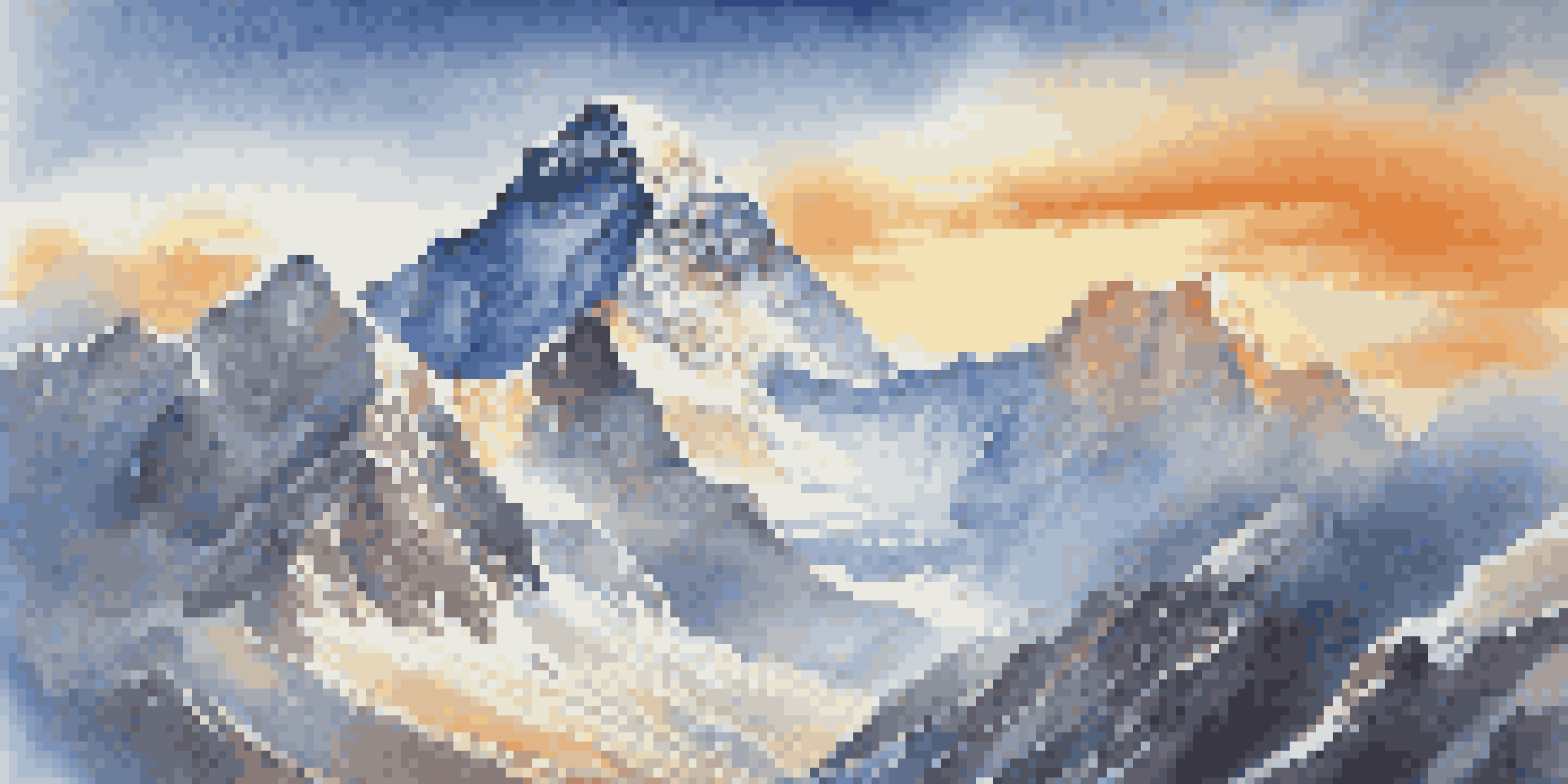 A panoramic view of Mount Everest at sunrise, with climbers ascending the mountain and vibrant colors in the sky.