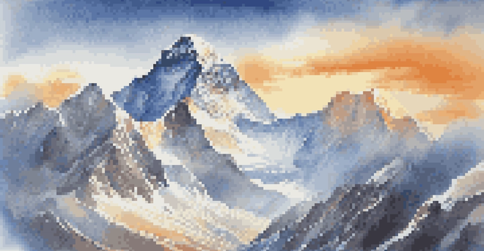 A panoramic view of Mount Everest at sunrise, with climbers ascending the mountain and vibrant colors in the sky.