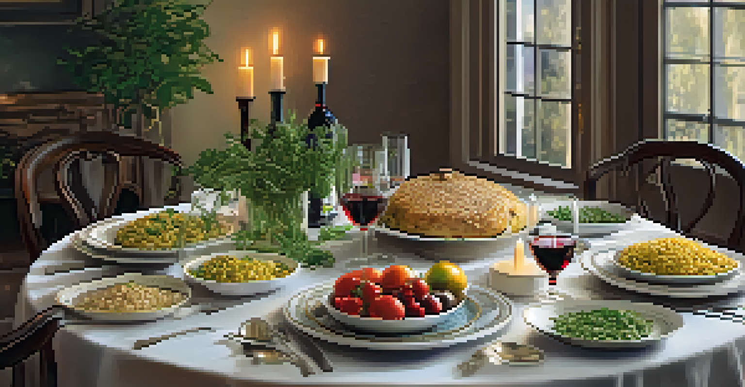 An elegantly set dining table for an Italian feast with risotto, antipasti, and Chianti wine, enhanced by candlelight and fresh herbs.