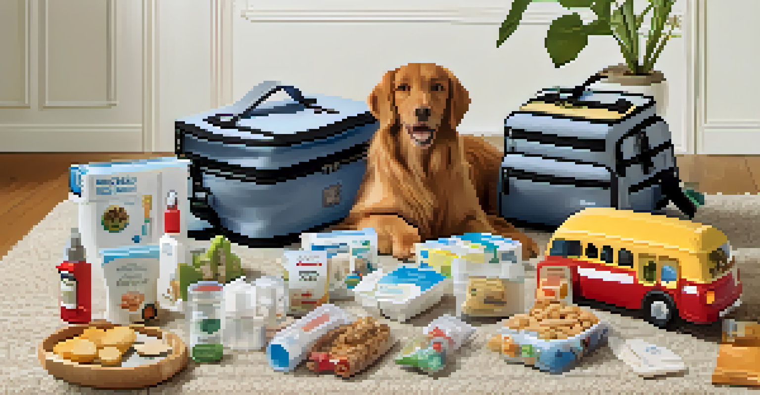 A neatly arranged pet travel kit on a soft blanket, including bowls, snacks, and toys, in a cozy setting.