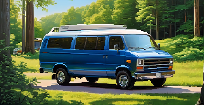 A fuel-efficient van with solar panels parked in a beautiful natural landscape, surrounded by trees and sunlight.