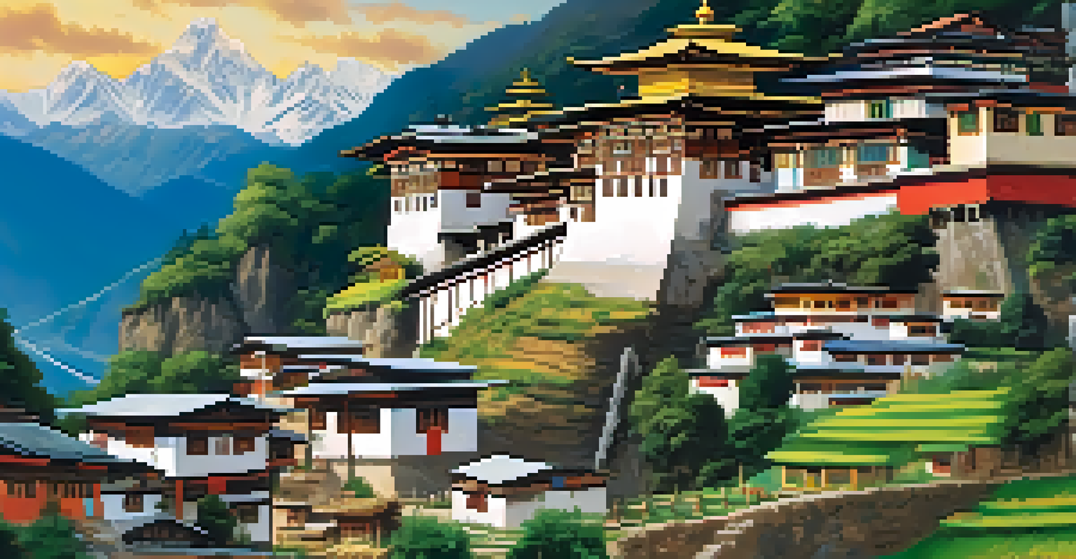 A traditional Bhutanese village surrounded by rice paddies and mountains.