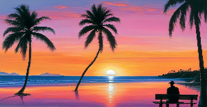 A peaceful beach at sunset with palm trees and a traveler sitting on the sand, looking at the water.