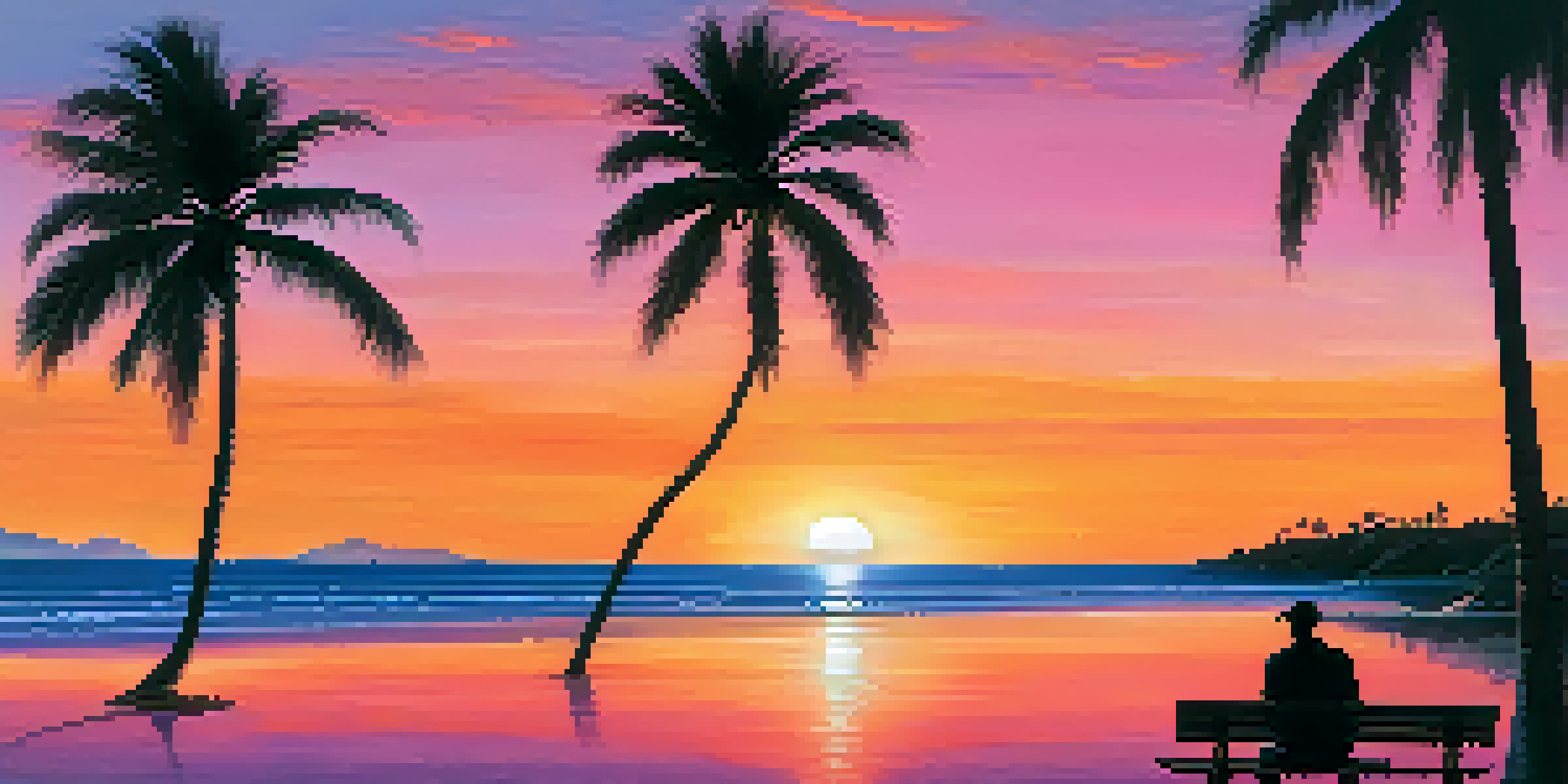 A peaceful beach at sunset with palm trees and a traveler sitting on the sand, looking at the water.