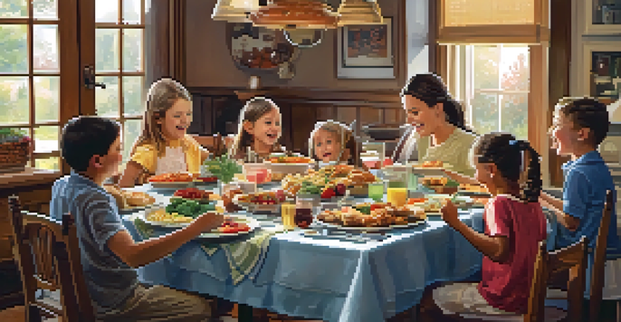 A family seated around a dining table with a variety of dishes, children expressing joy and excitement.