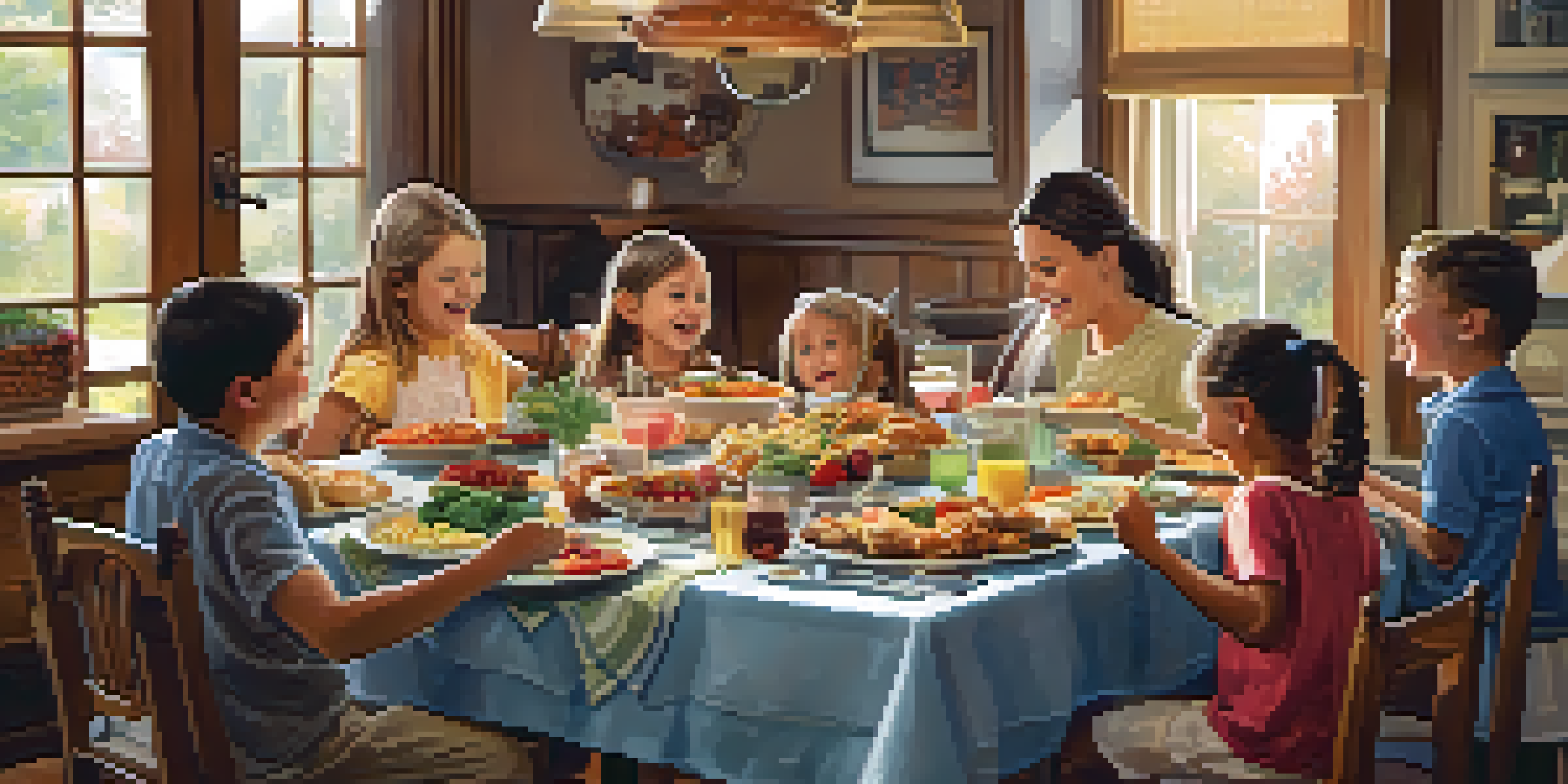 A family seated around a dining table with a variety of dishes, children expressing joy and excitement.