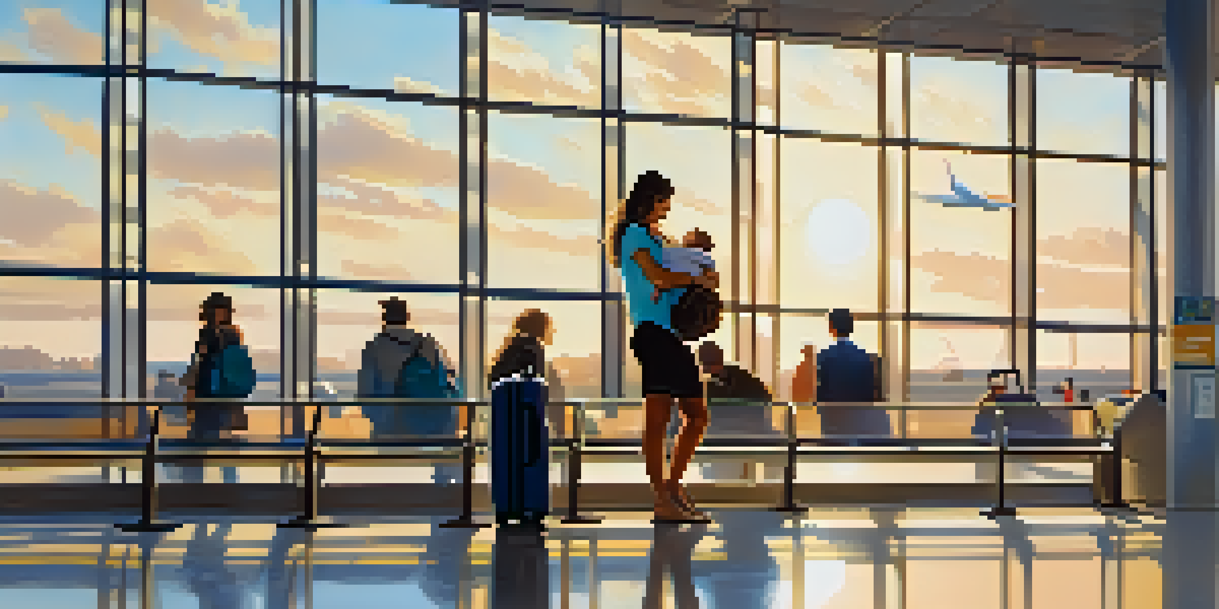 A mother holding her sleeping baby in an airport terminal with soft morning light and a digital flight board in the background.