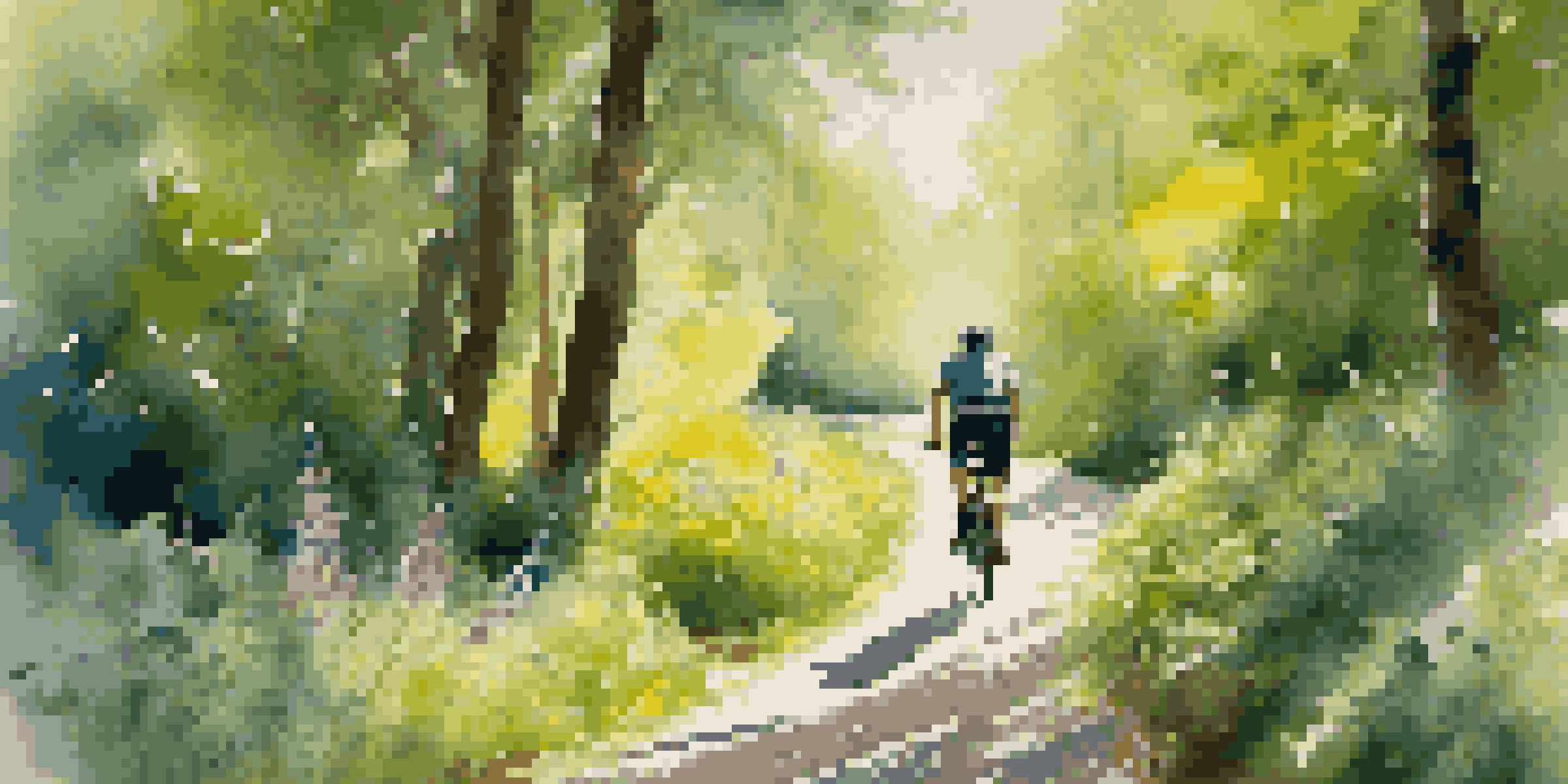 A cyclist riding on a lush green forest trail, sunlight filtering through the leaves and colorful wildflowers in the foreground.