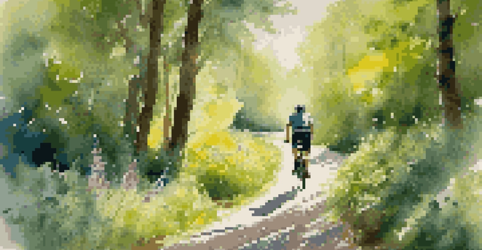 A cyclist riding on a lush green forest trail, sunlight filtering through the leaves and colorful wildflowers in the foreground.