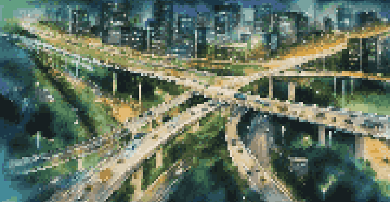 An aerial view of a busy illuminated highway with cars using GPS navigation, surrounded by green landscapes and buildings, with a digital overlay of traffic data.