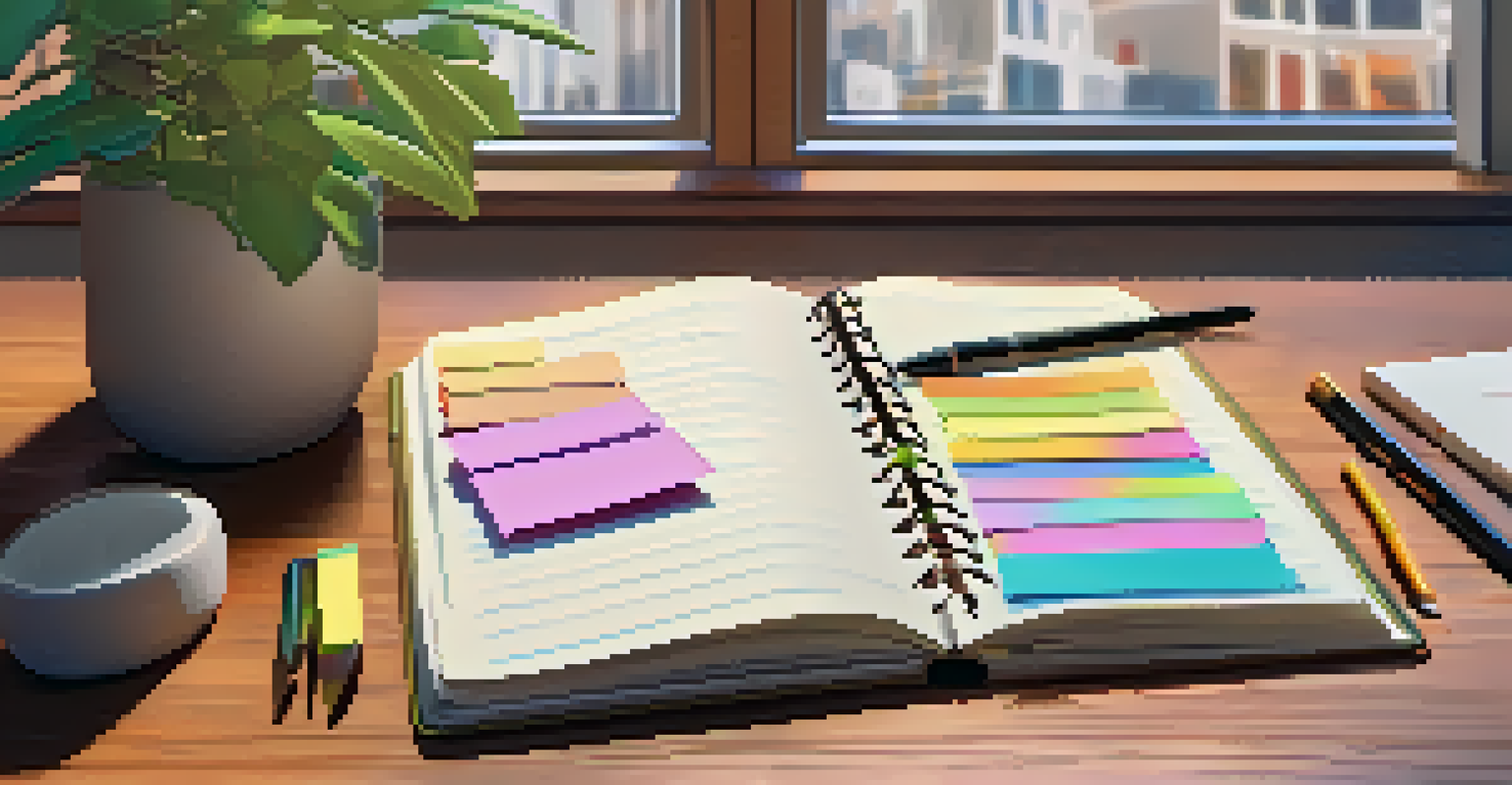 An open planner on a wooden table with sticky notes and a checklist, illuminated by a desk lamp, alongside a plant.