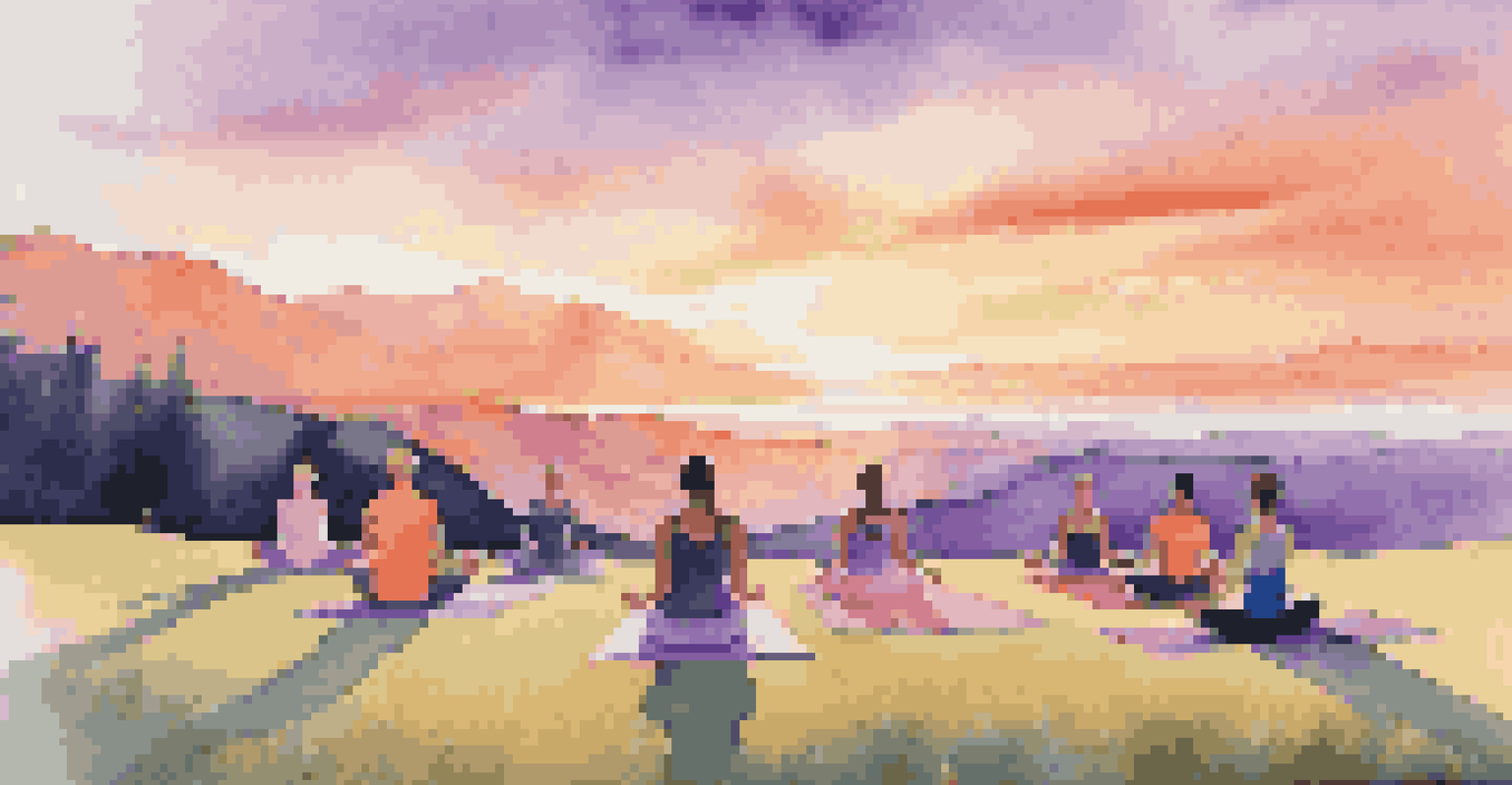 Participants practicing yoga on a hillside at sunset, with a colorful sky and mountains in the background, evoking a sense of peace and connection with nature.