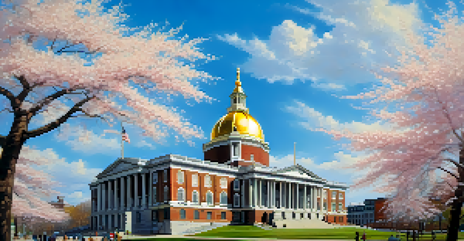 The Massachusetts State House featuring a golden dome and surrounded by cherry blossom trees under a blue sky.
