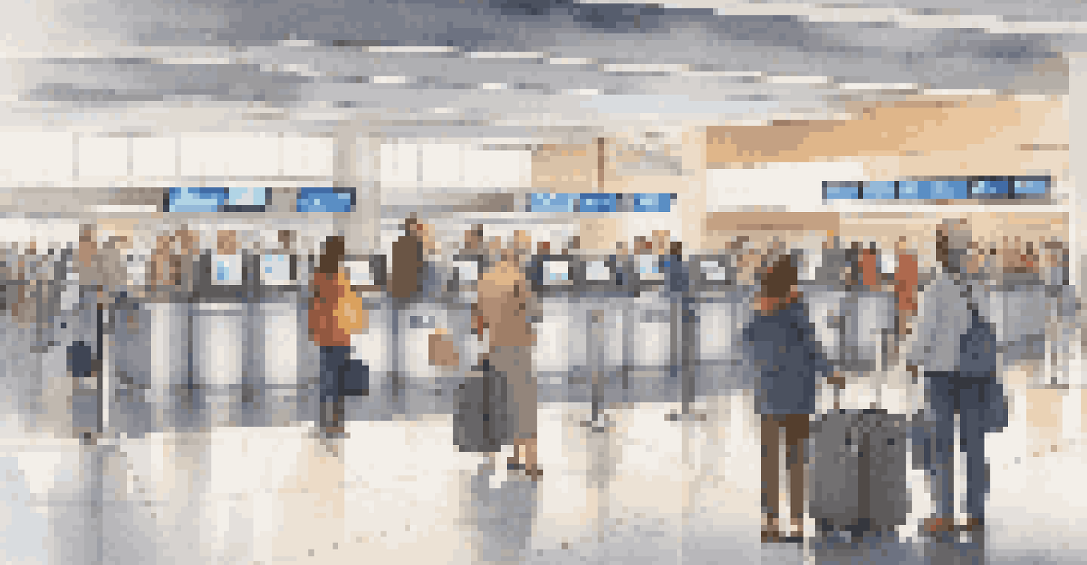 Travelers checking in at a modern airport, with a calm atmosphere and digital screens displaying flight information.