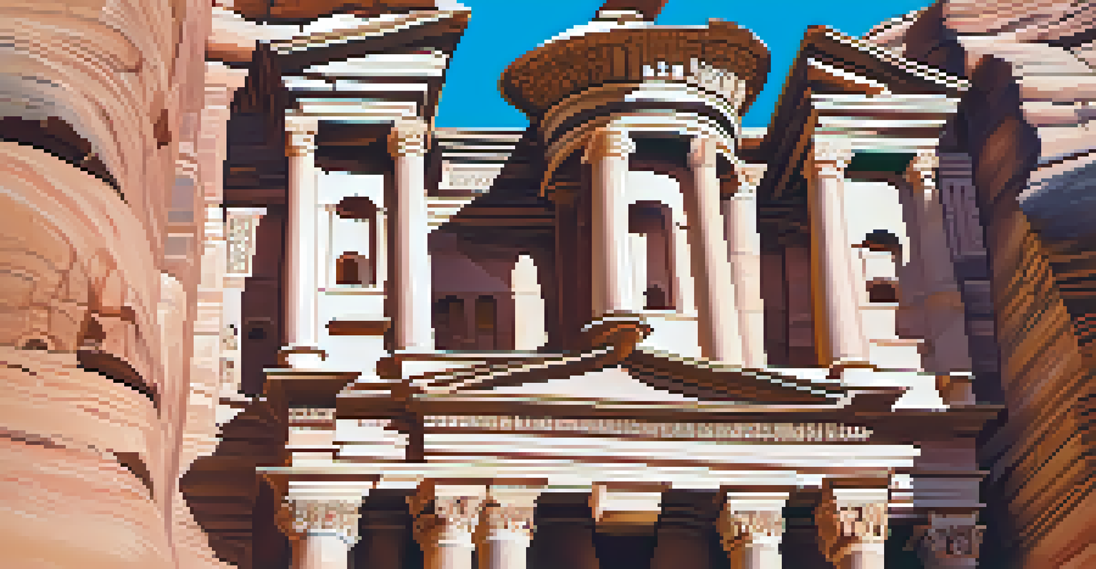 Close-up of the intricate facade of Al-Khazneh, the Treasury, showcasing detailed carvings in pink sandstone.