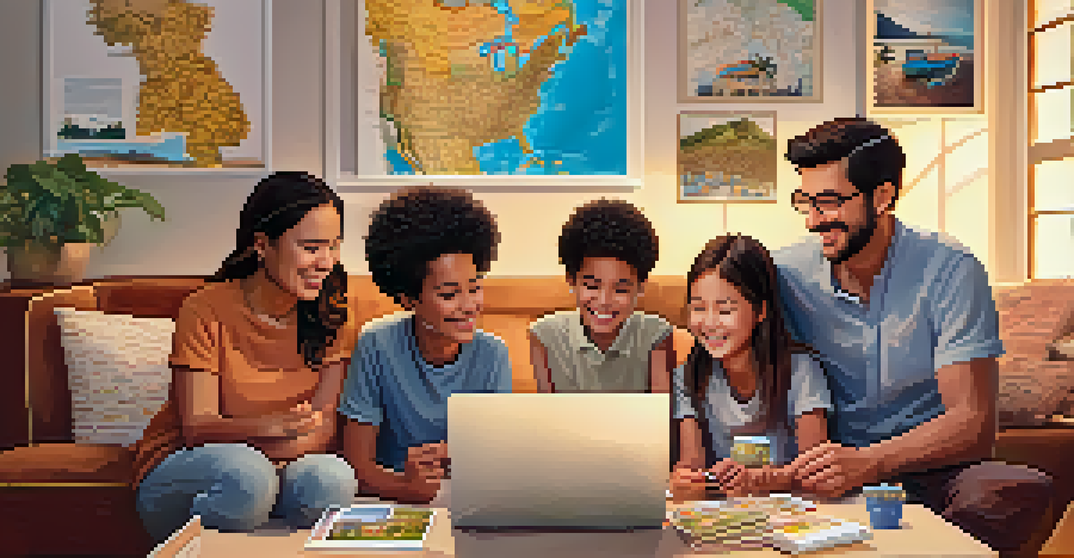 A family video calling on a laptop at home with travel souvenirs around.