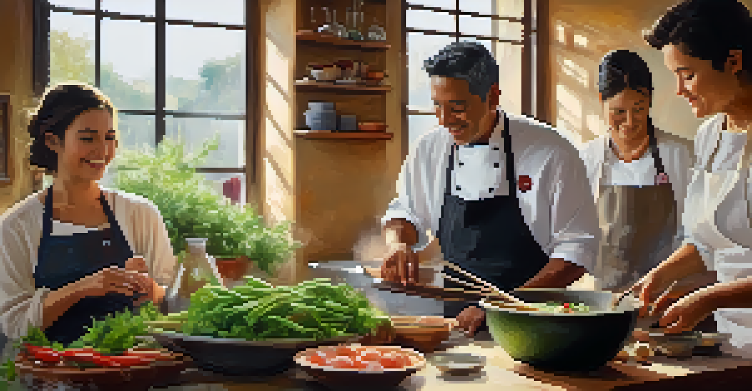 A cozy cooking class with a local chef and travelers learning to prepare traditional cuisine.