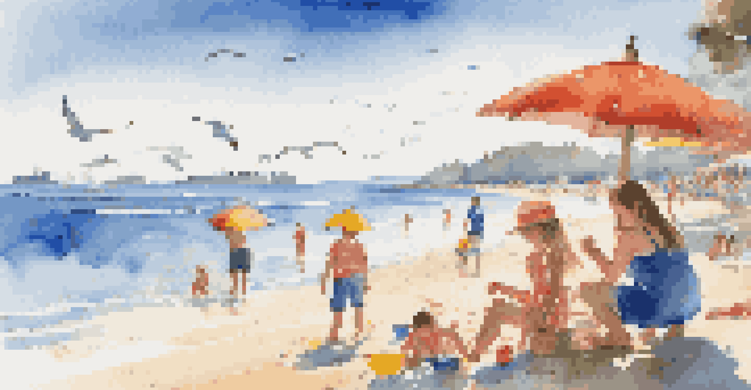 A family enjoying a sunny beach day with children building sandcastles and parents relaxing under umbrellas.