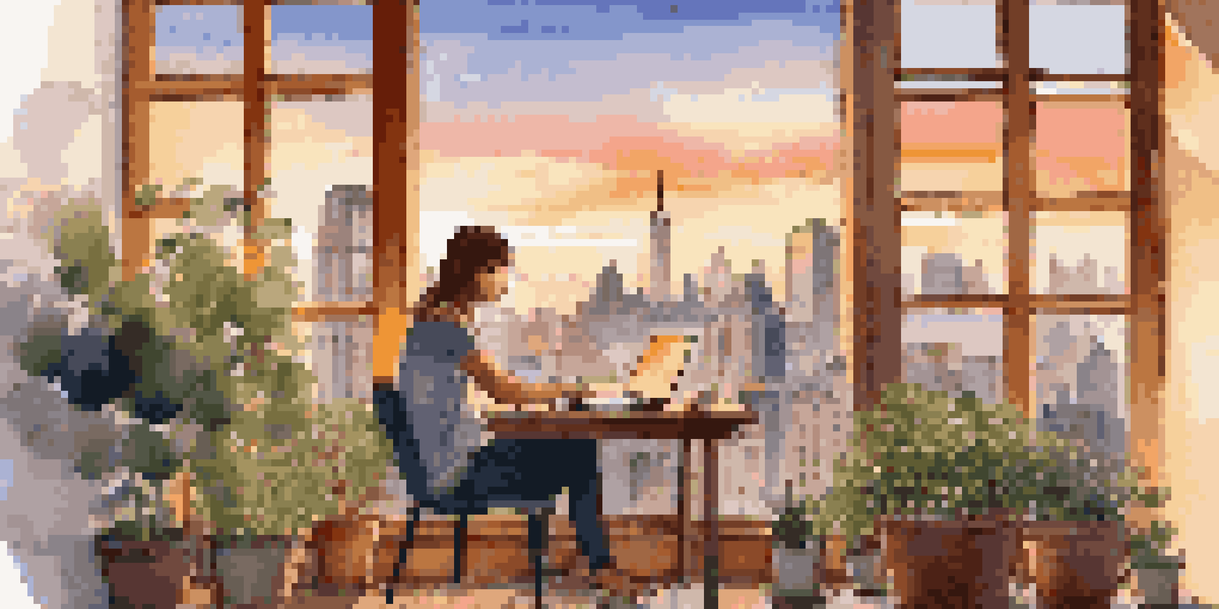 A digital nomad working on a laptop in a cafe with a skyline view at sunset, surrounded by plants and coffee cups.