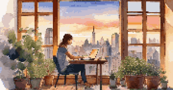 A digital nomad working on a laptop in a cafe with a skyline view at sunset, surrounded by plants and coffee cups.