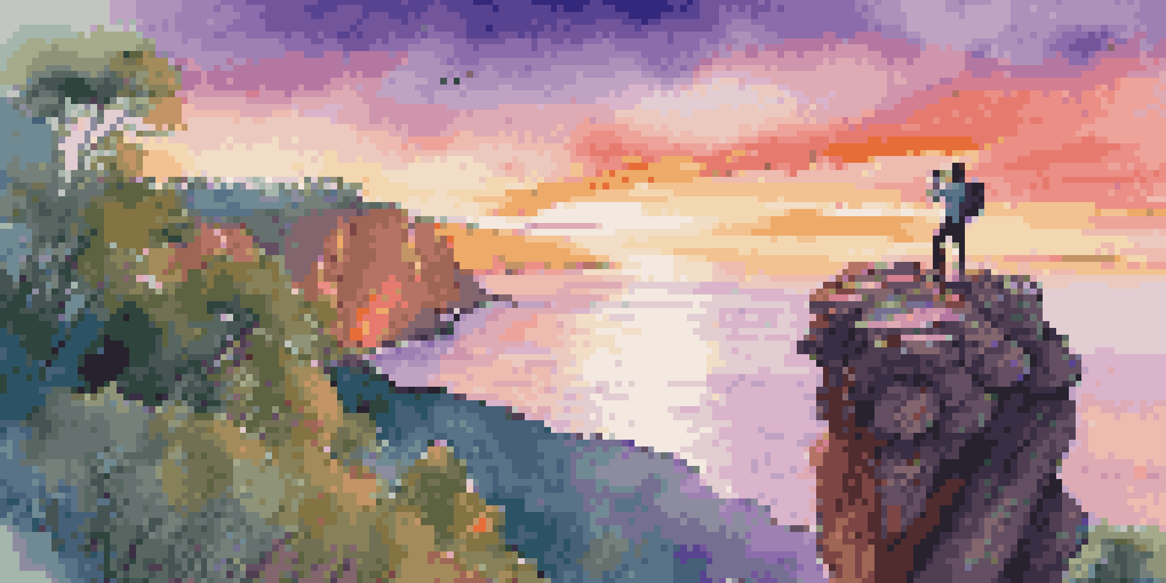 A travel vlogger captures a sunset from a cliff, with colorful skies and ocean views.