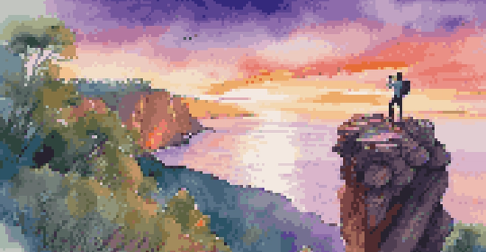 A travel vlogger captures a sunset from a cliff, with colorful skies and ocean views.