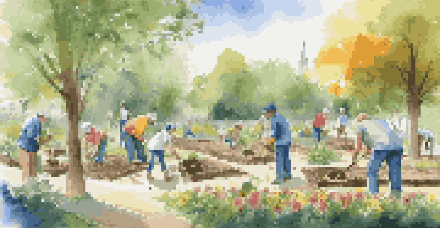 Volunteers planting trees in a lush green park with families enjoying the outdoor space in the background.