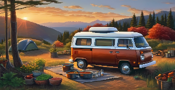 A van parked at a scenic view with a camping stove outside, cooking chili, surrounded by fresh vegetables.