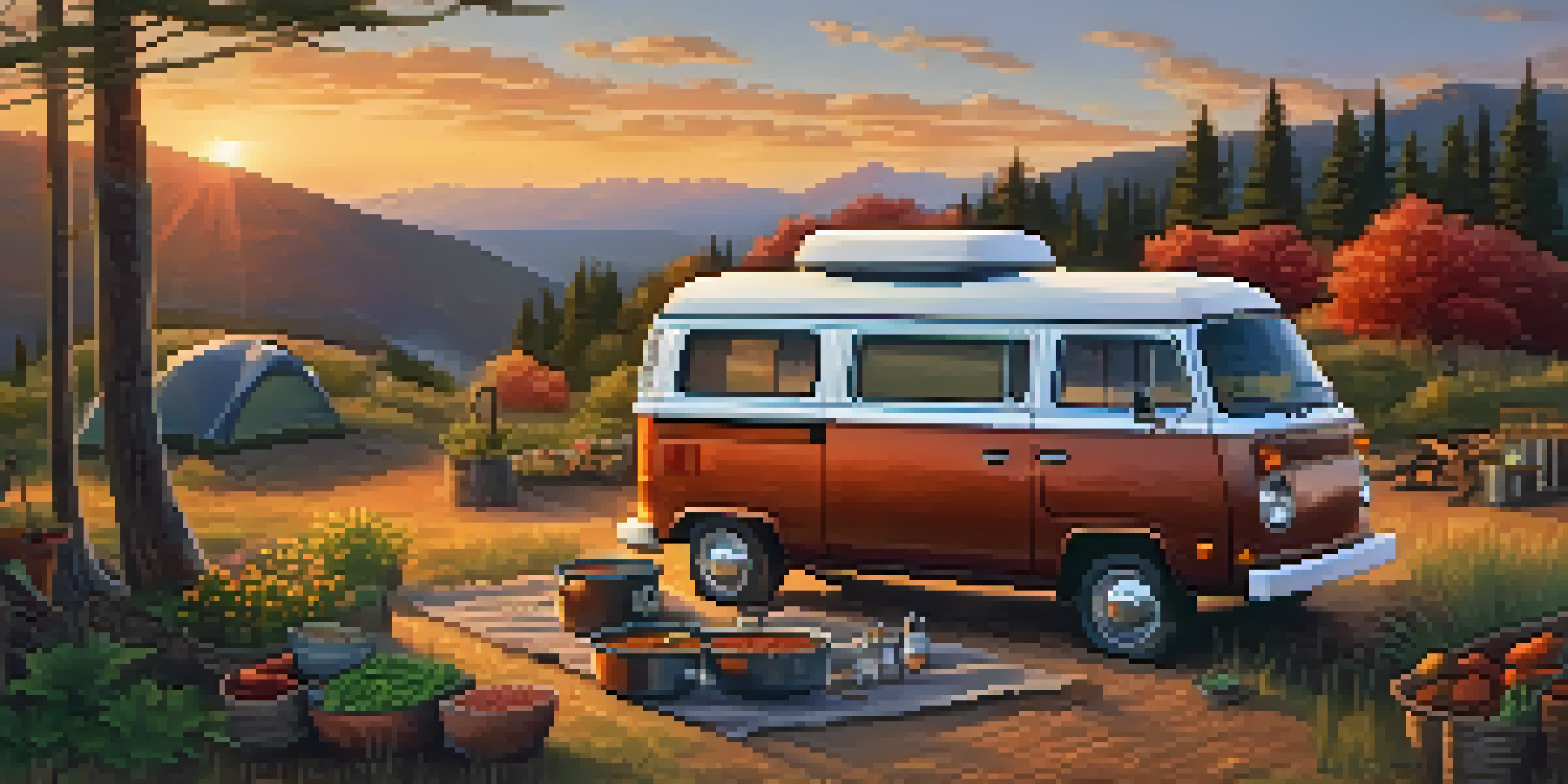 A van parked at a scenic view with a camping stove outside, cooking chili, surrounded by fresh vegetables.