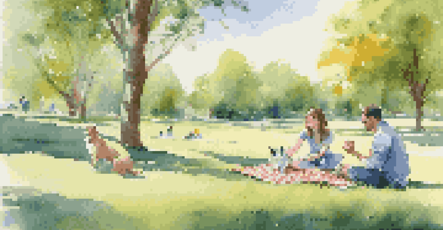 A vibrant park scene with a woman playing fetch with her dog and a man sitting with a cat on a picnic blanket.
